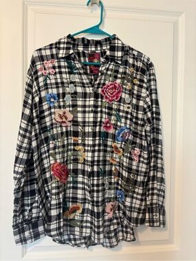 NWT Johnny Was Mila Vida Plaid Floral Embroidered Top